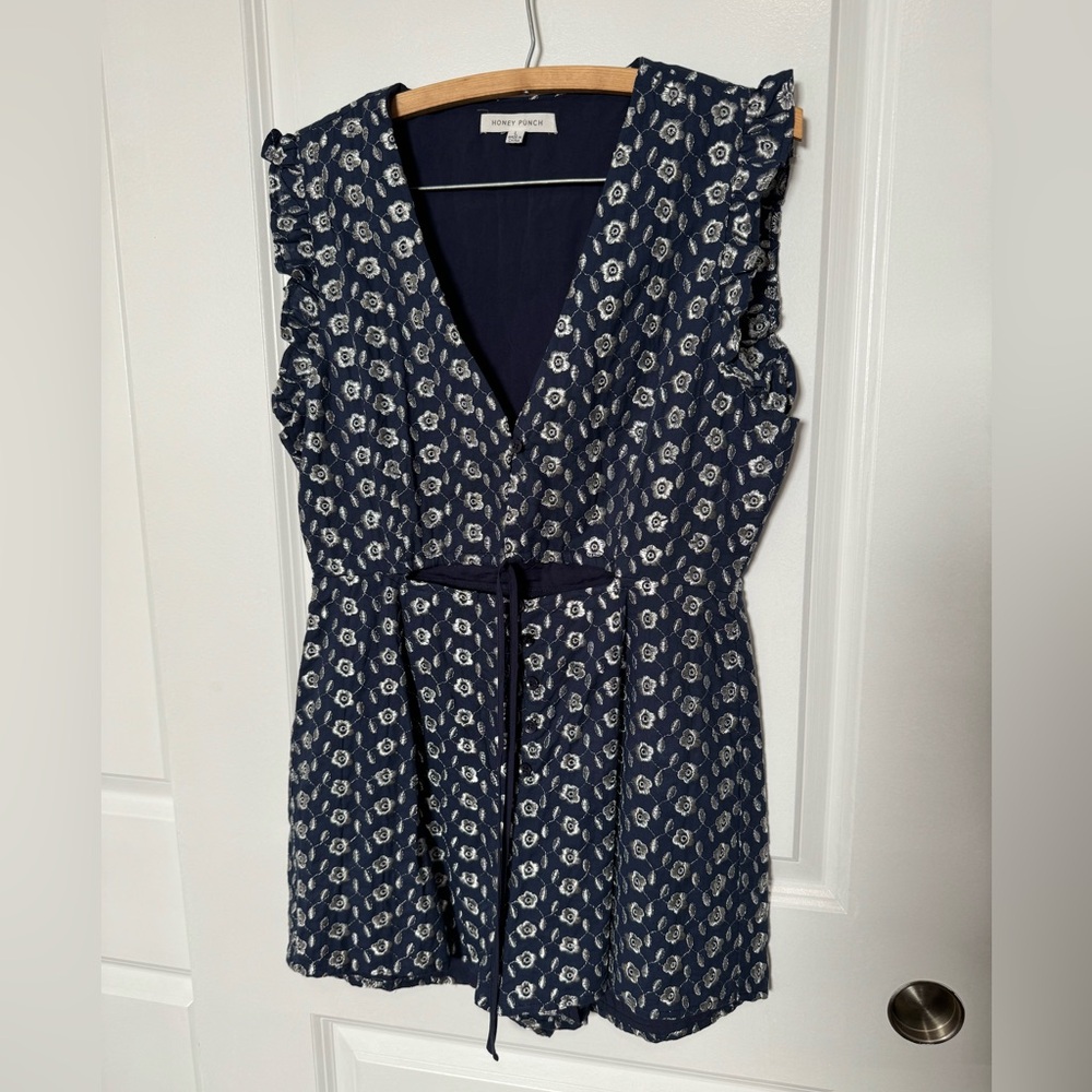 honey punch blue and silver embroidered romper